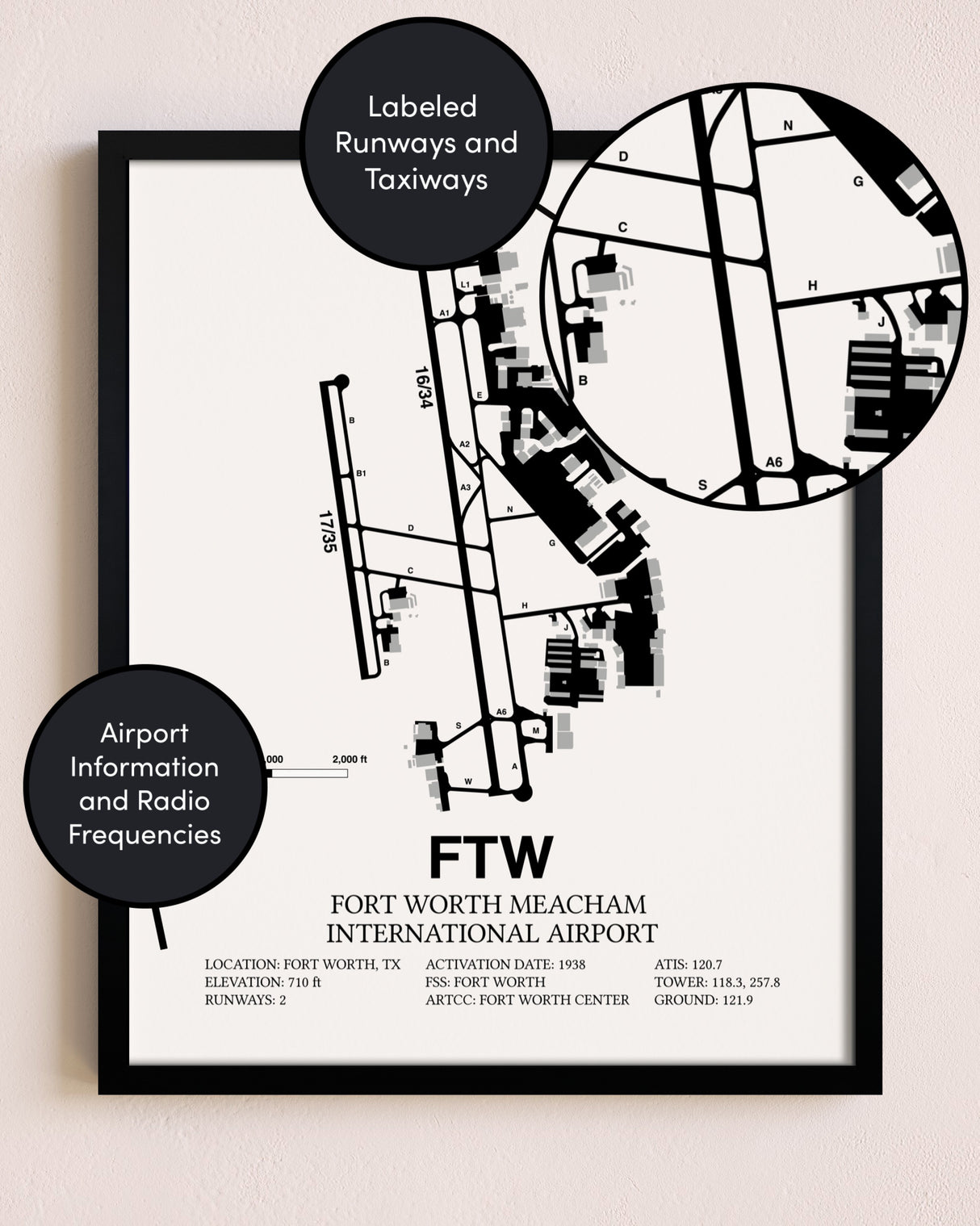 Framed Fort Worth Meacham International Airport layout wall art poster
