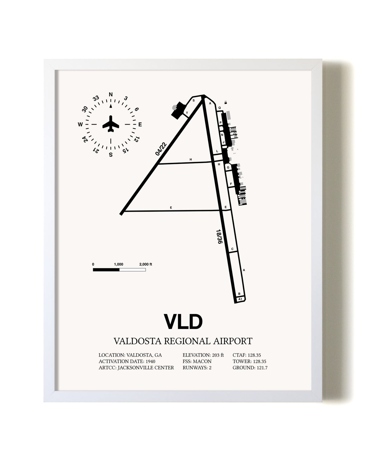 Valdosta Regional Airport airport map poster in oak frame