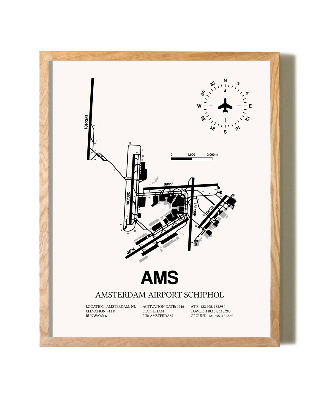 Amsterdam Airport Schiphol framed print in natural wood frame