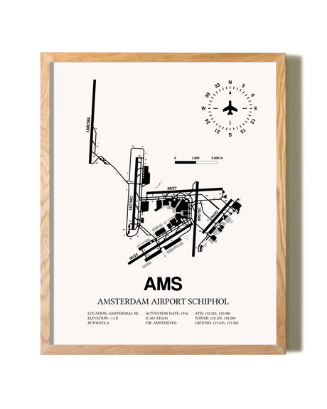 Amsterdam Airport Schiphol framed print in natural wood frame
