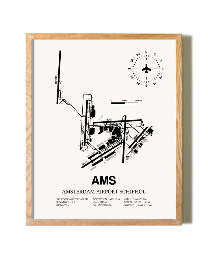 Amsterdam Airport Schiphol framed print in natural wood frame