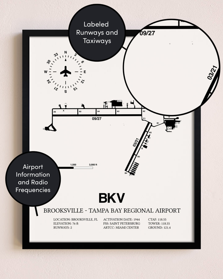 Framed Brooksville-Tampa Bay Regional Airport layout wall art poster
