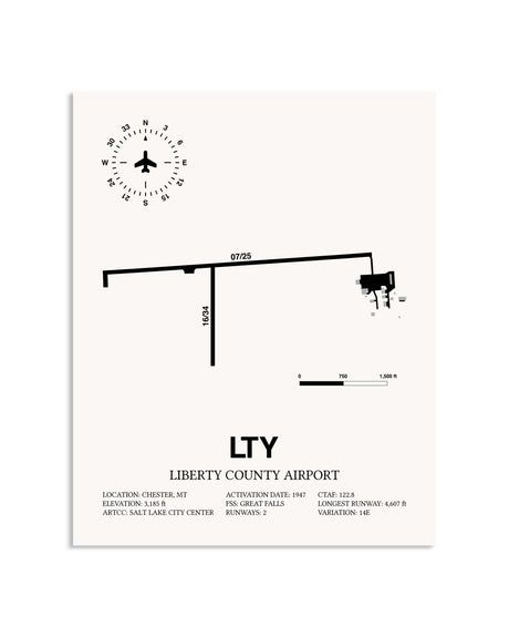 Gray Liberty County Airport framed poster displayed in an airplane hangar
