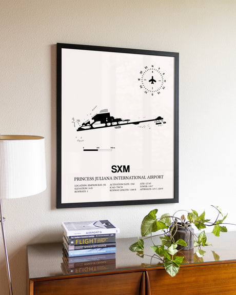 Princess Juliana International Airport aviation wall décor in black wood frame
