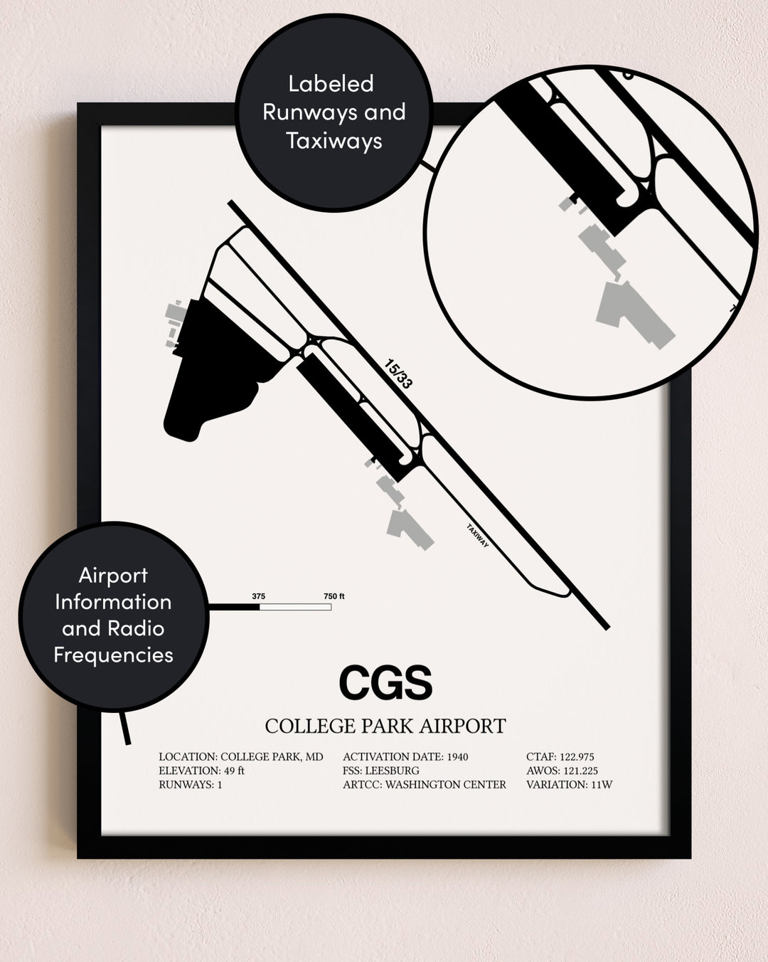 Framed College Park Airport layout wall art poster