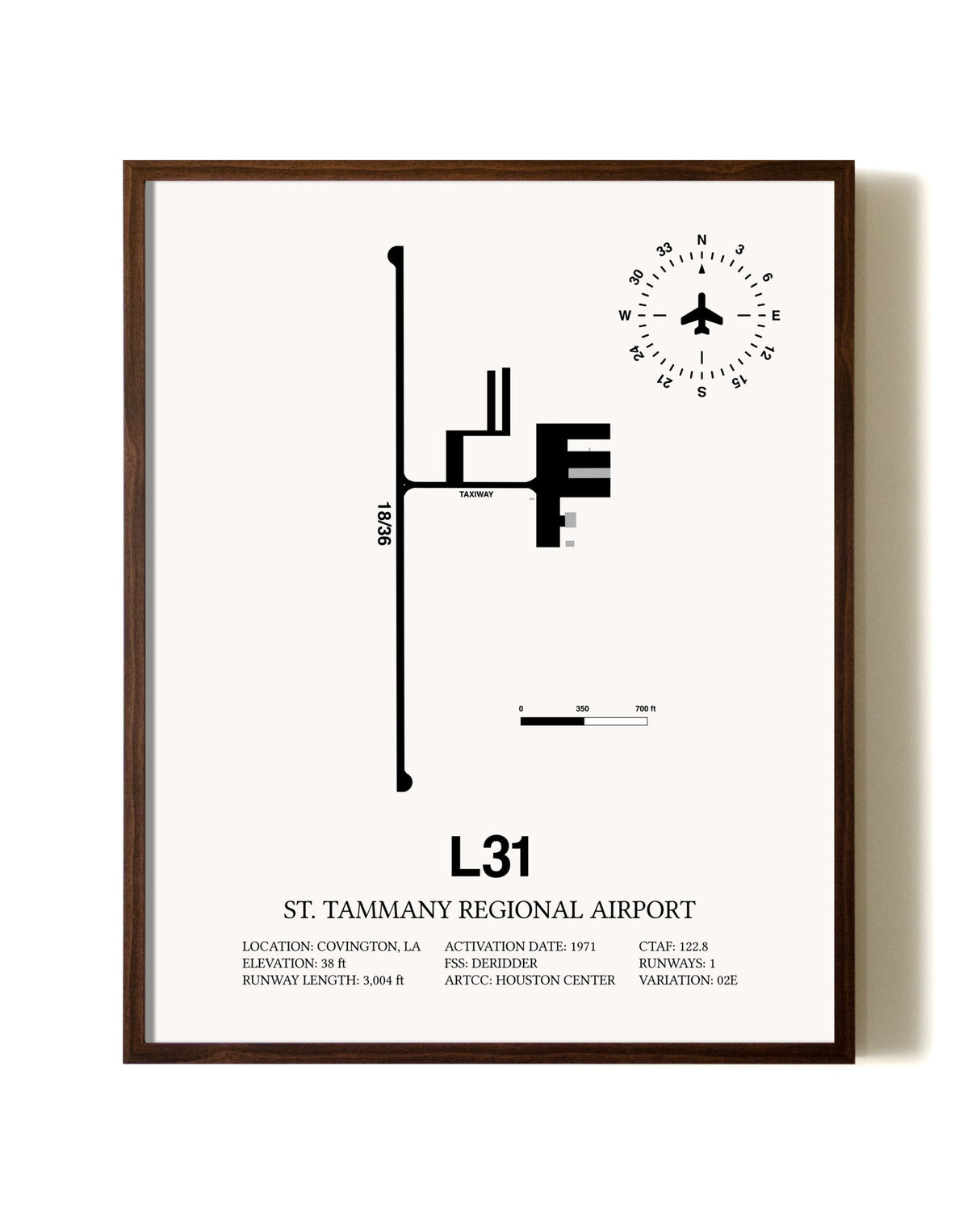 St. Tammany Regional Airport aviation print in walnut frame