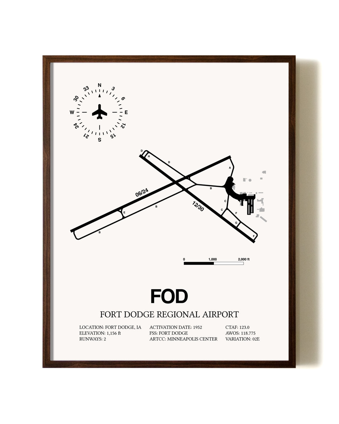 Fort Dodge Regional Airport aviation print in walnut frame