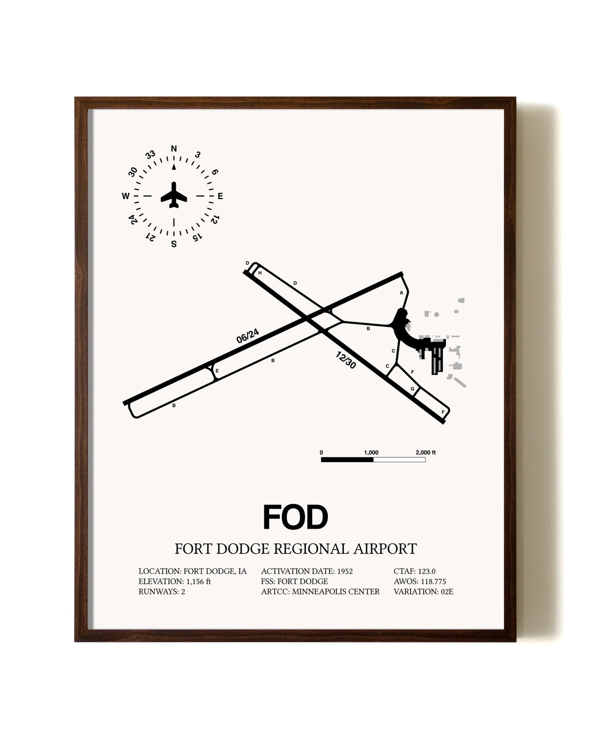 Fort Dodge Regional Airport aviation print in walnut frame