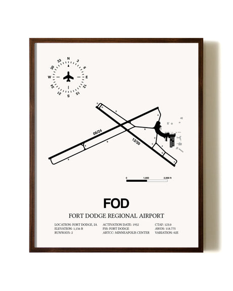 Fort Dodge Regional Airport aviation print in walnut frame
