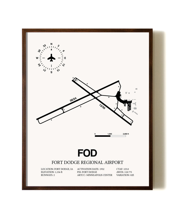 Fort Dodge Regional Airport aviation print in walnut frame