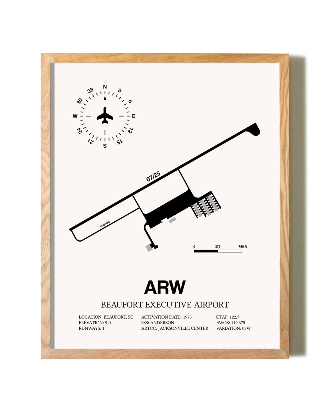 Beaufort Executive Airport framed print in natural wood frame