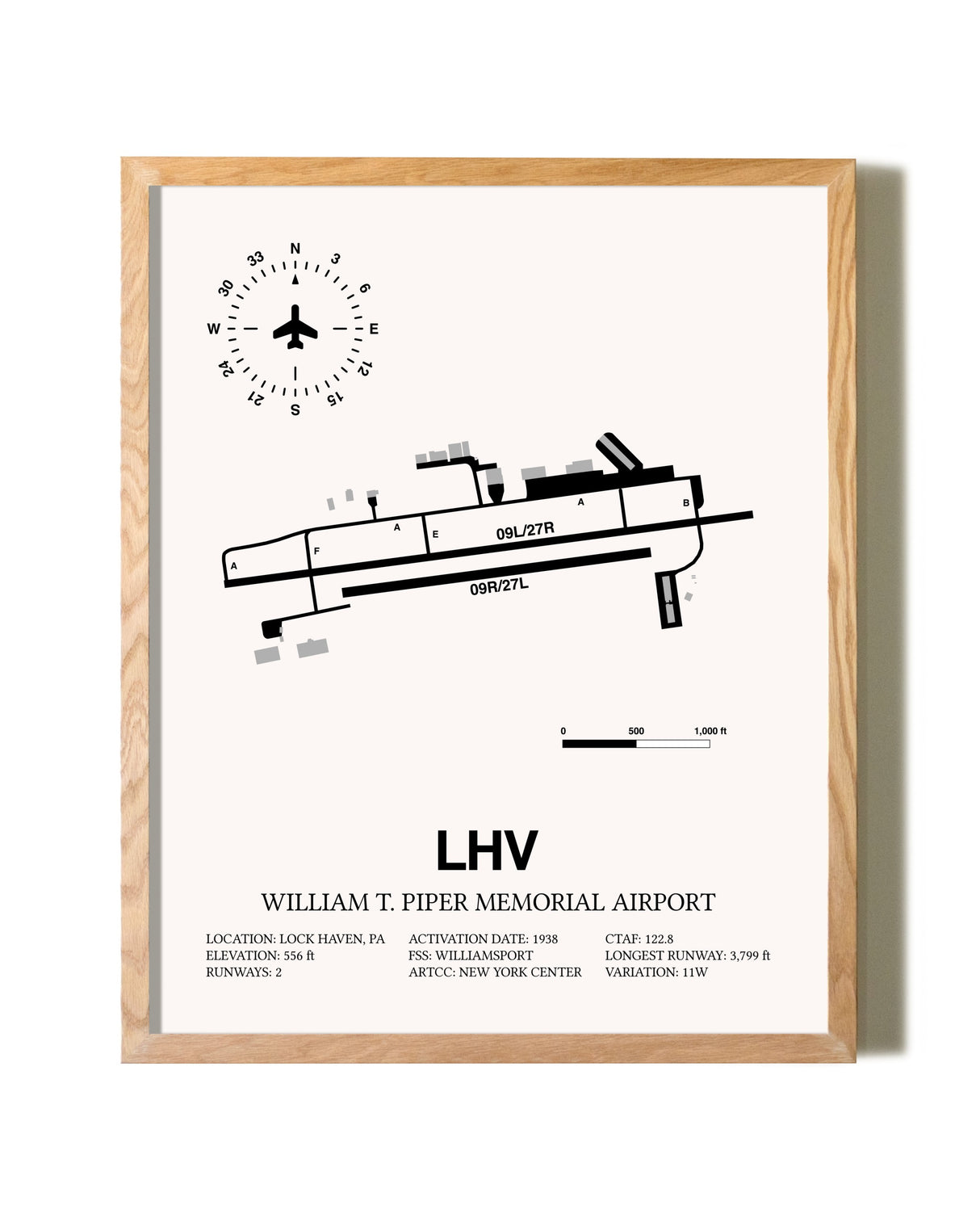 William T. Piper Memorial Airport framed print in natural wood frame
