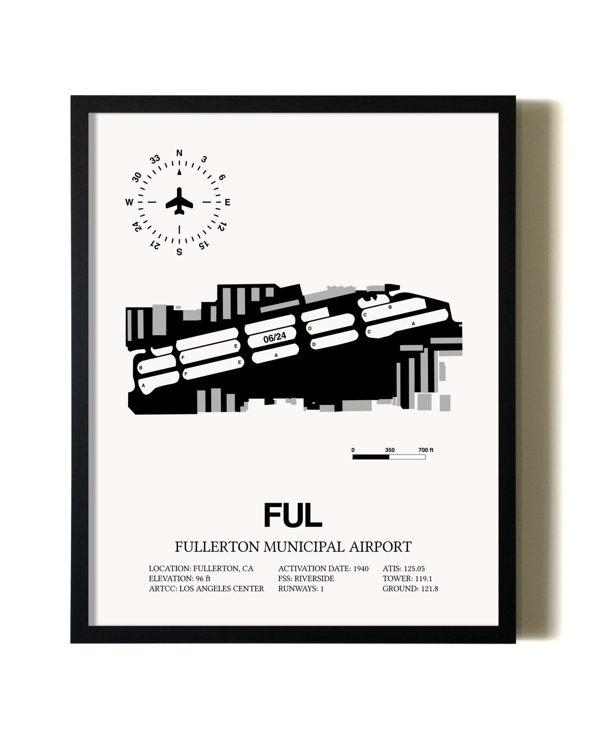 Framed Fullerton Municipal Airport wall art poster in black frame
