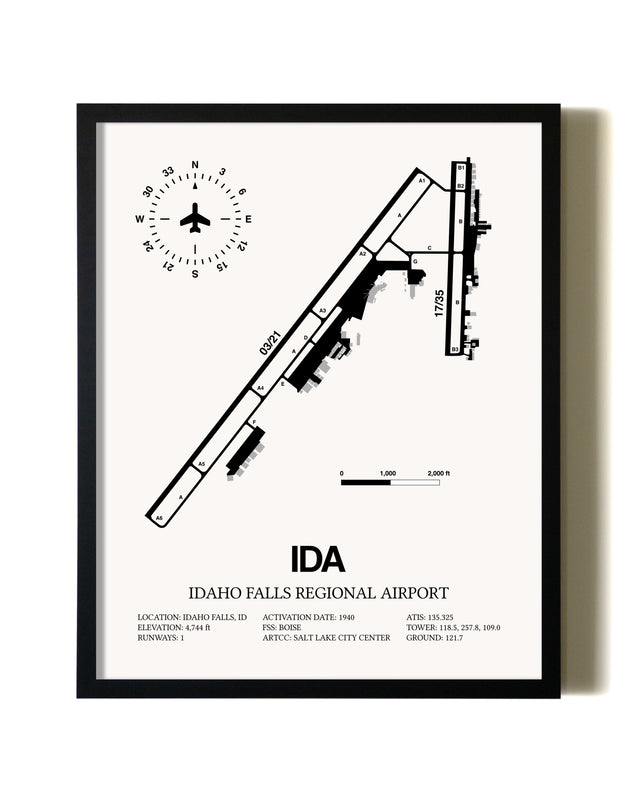 Framed Idaho Falls Regional Airport wall art poster in black frame