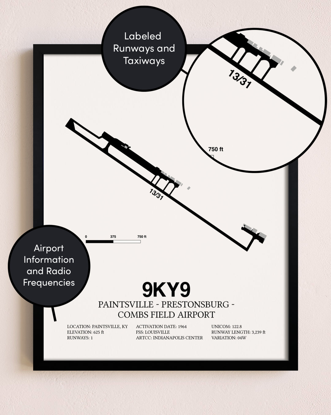 Framed Paintsville-Prestonsburg - Combs Field Airport layout wall art poster