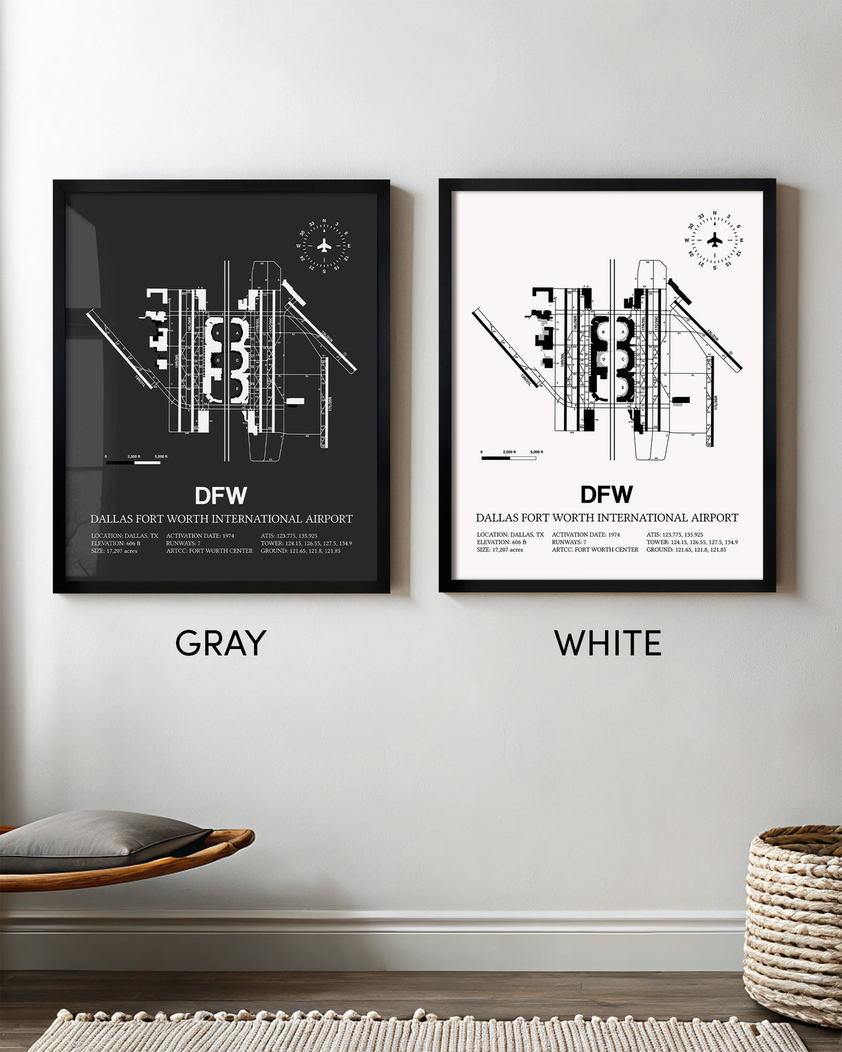 Framed Detailed Airport Map of Dallas-Fort Worth International Airport (DFW) in White and Gray