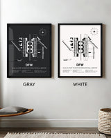 Framed Detailed Airport Map of Dallas-Fort Worth International Airport (DFW) in White and Gray
