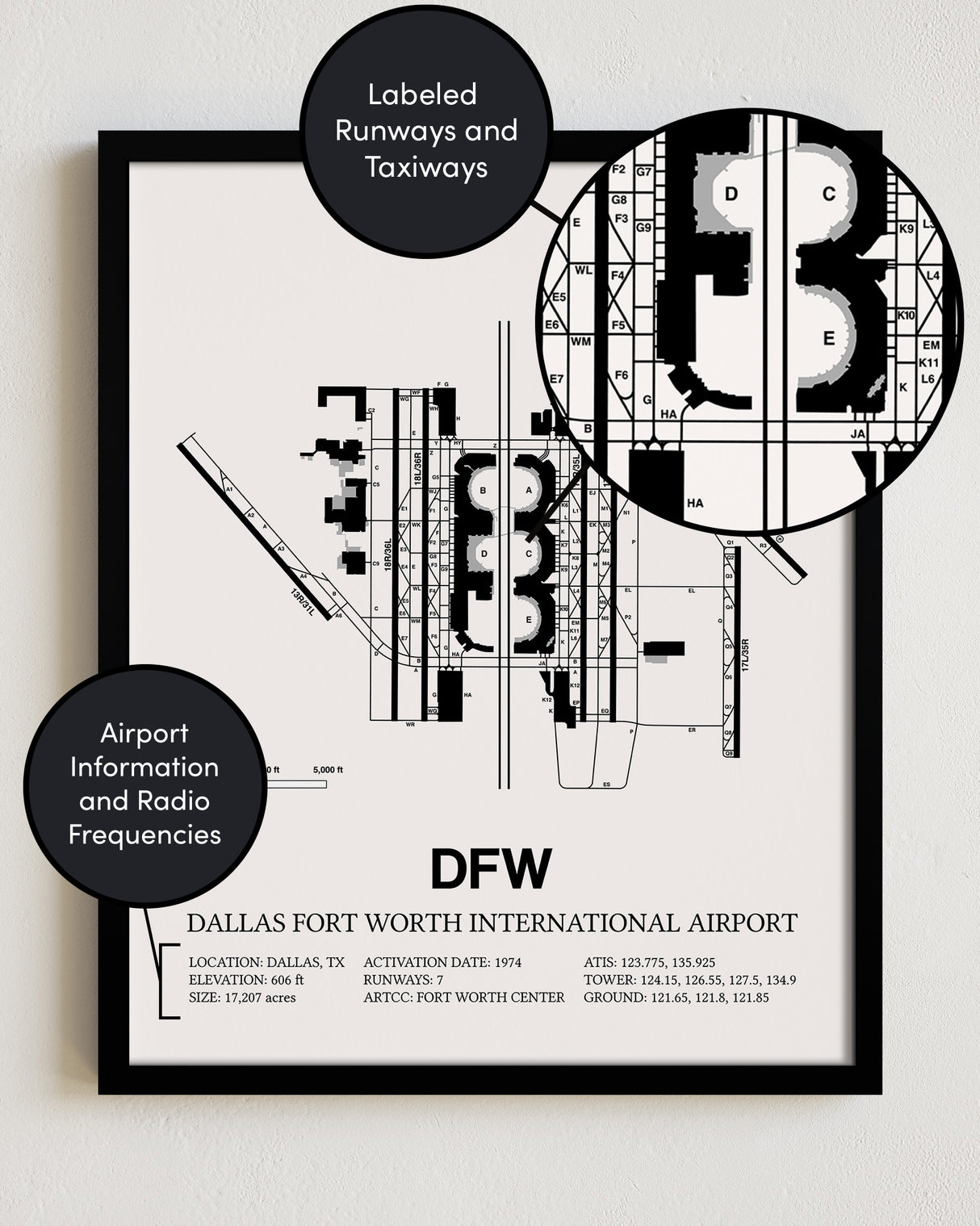 Framed Detailed Airport Map of Dallas-Fort Worth International Airport (DFW) in White with a Black Frame