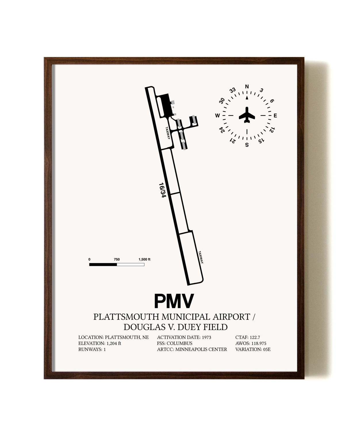 Plattsmouth Municipal Airport / Douglas V. Duey Field aviation print in walnut frame