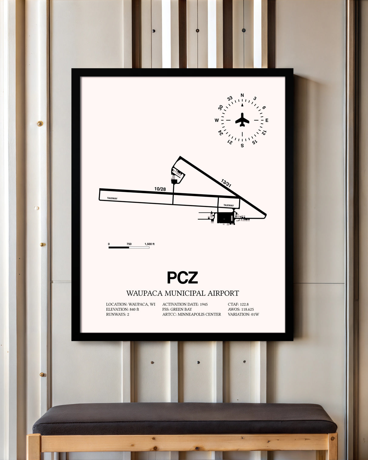 Waupaca Municipal Airport framed poster displayed in an airplane hangar