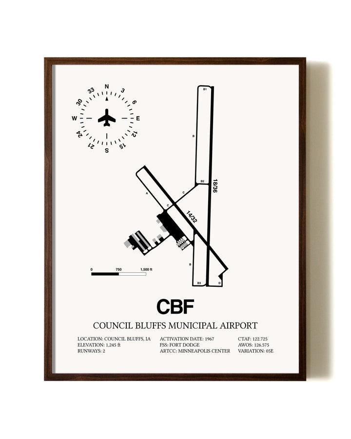 Council Bluffs Municipal Airport aviation print in walnut frame