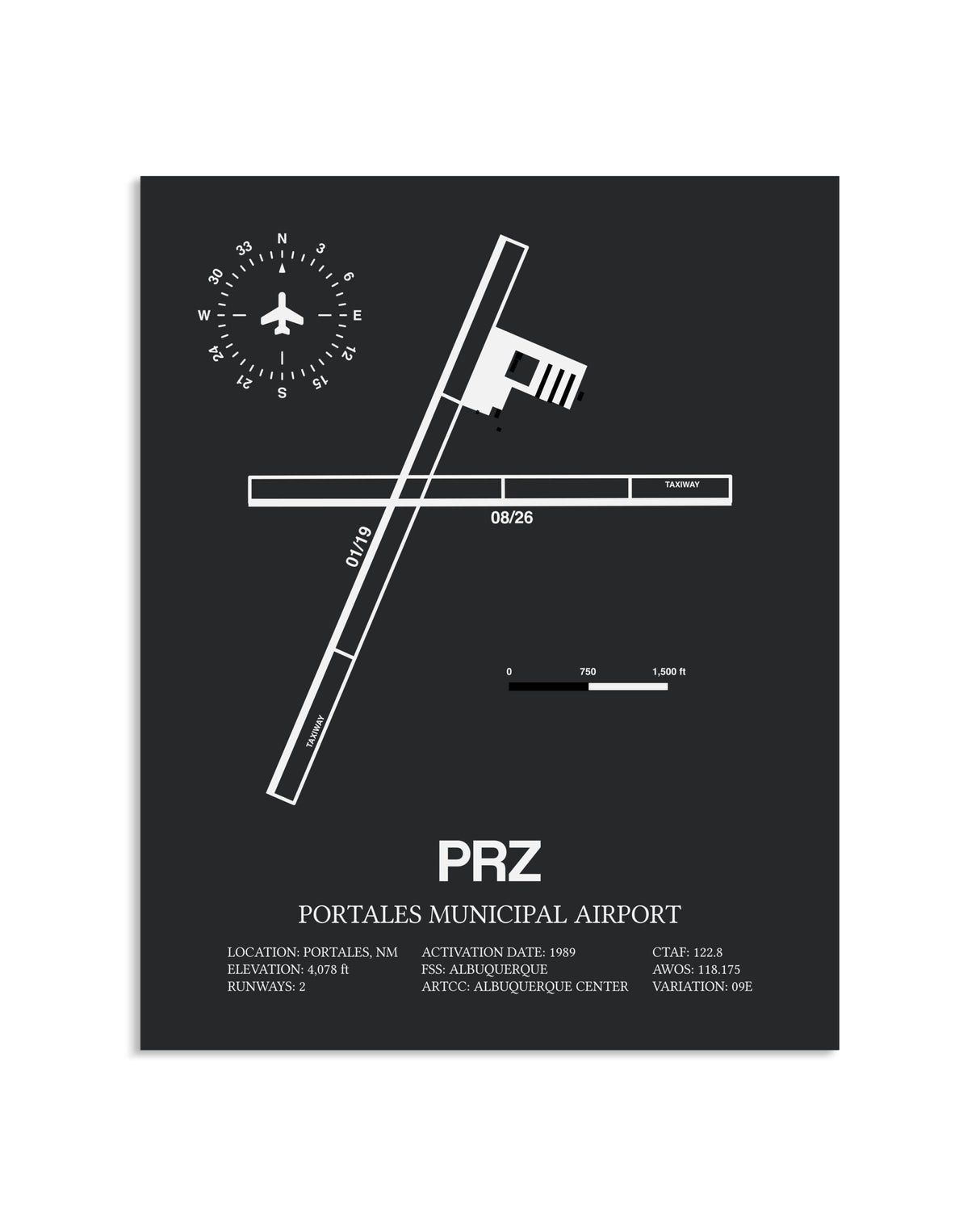 Gray Framed Portales Municipal Airport layout wall art poster