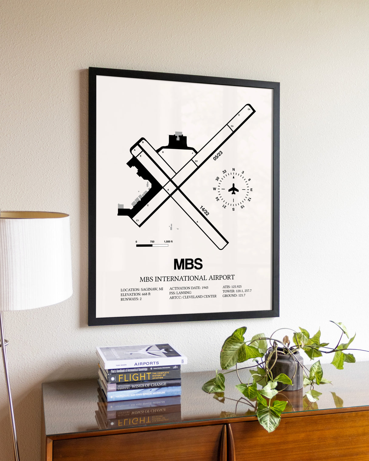 MBS International Airport aviation wall décor in black wood frame