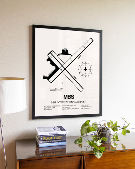MBS International Airport aviation wall décor in black wood frame