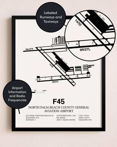 Framed North Palm Beach County General Aviation Airport layout wall art poster