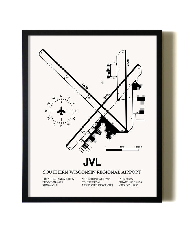 Framed Southern Wisconsin Regional Airport wall art poster in black frame