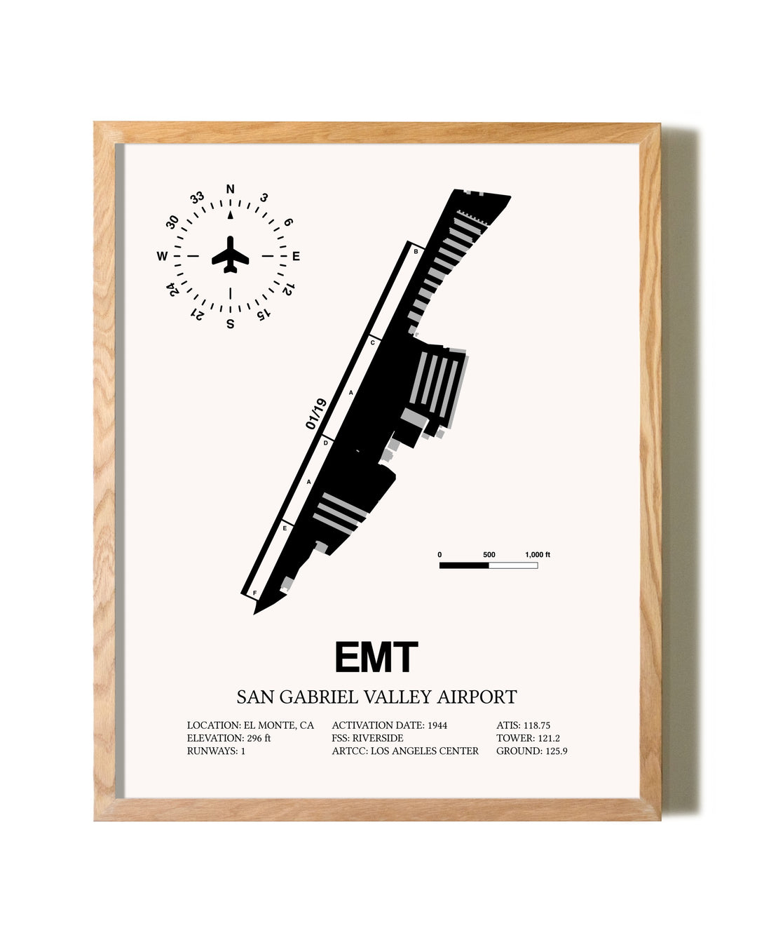 San Gabriel Valley Airport framed print in natural wood frame