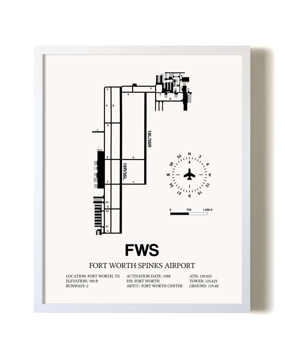 Fort Worth Spinks Airport airport map poster in oak frame