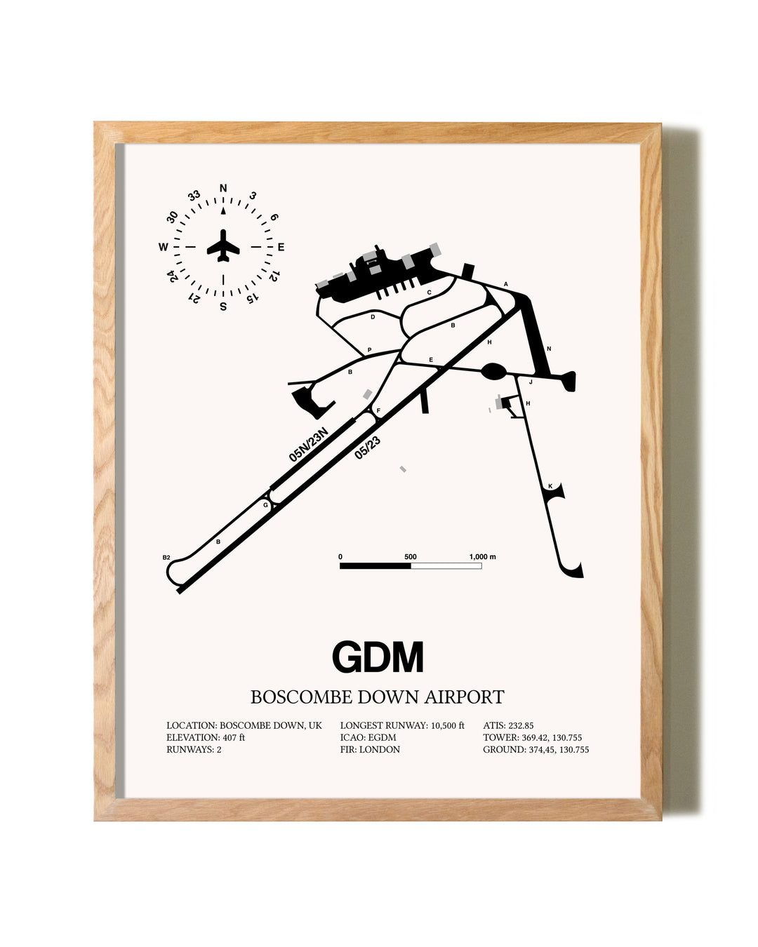 Boscombe Down Airport framed print in natural wood frame