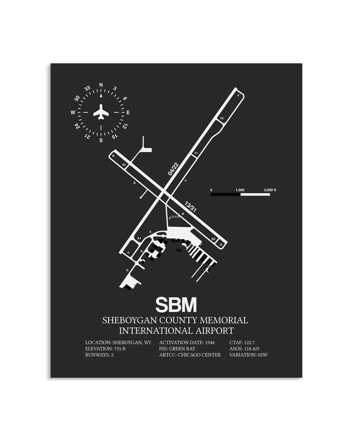 Gray Framed Sheboygan County Memorial International Airport layout wall art poster