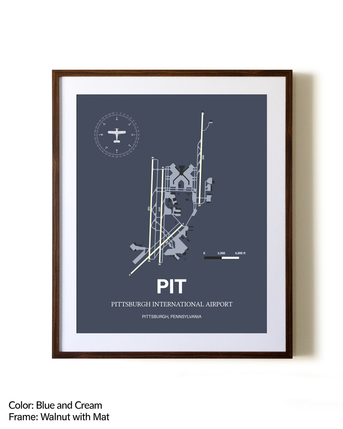 Pittsburgh International Airport aviation print in walnut frame with mat