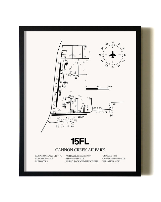 Framed Cannon Creek Airpark wall art poster in black frame