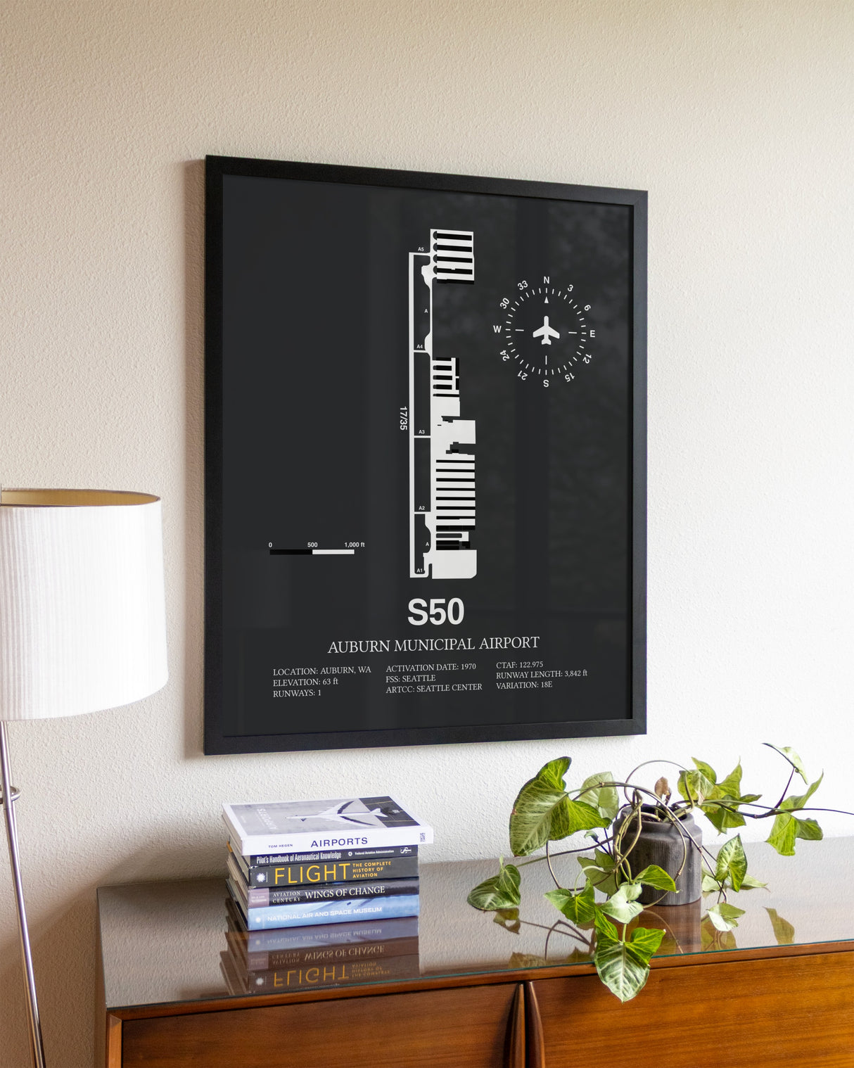 Gray Framed Auburn Municipal Airport wall art poster in black frame