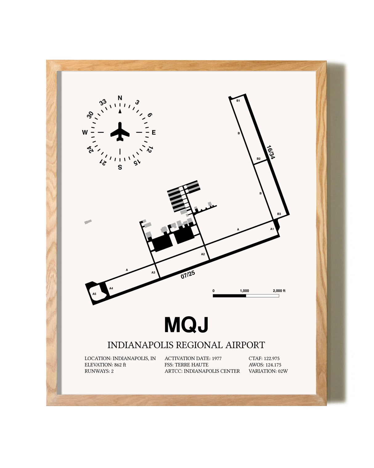 Indianapolis Regional Airport framed print in natural wood frame
