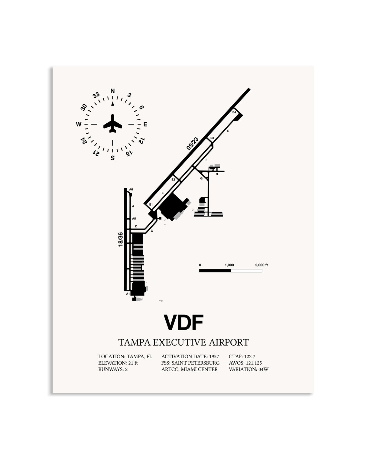 Gray Tampa Executive Airport framed poster displayed in an airplane hangar