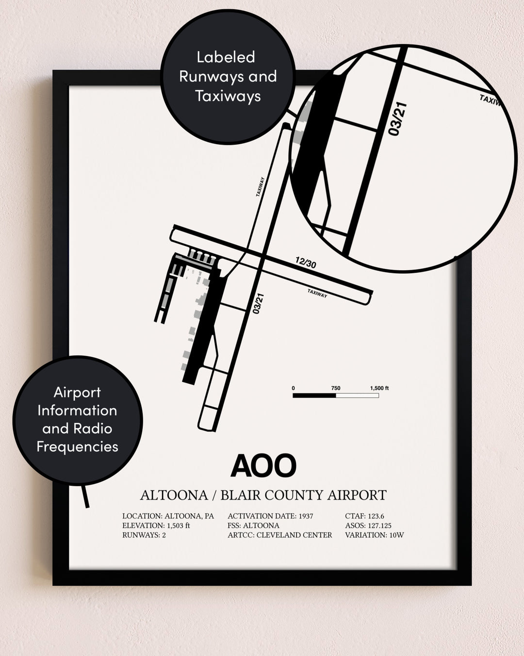 Framed Altoona / Blair County Airport layout wall art poster