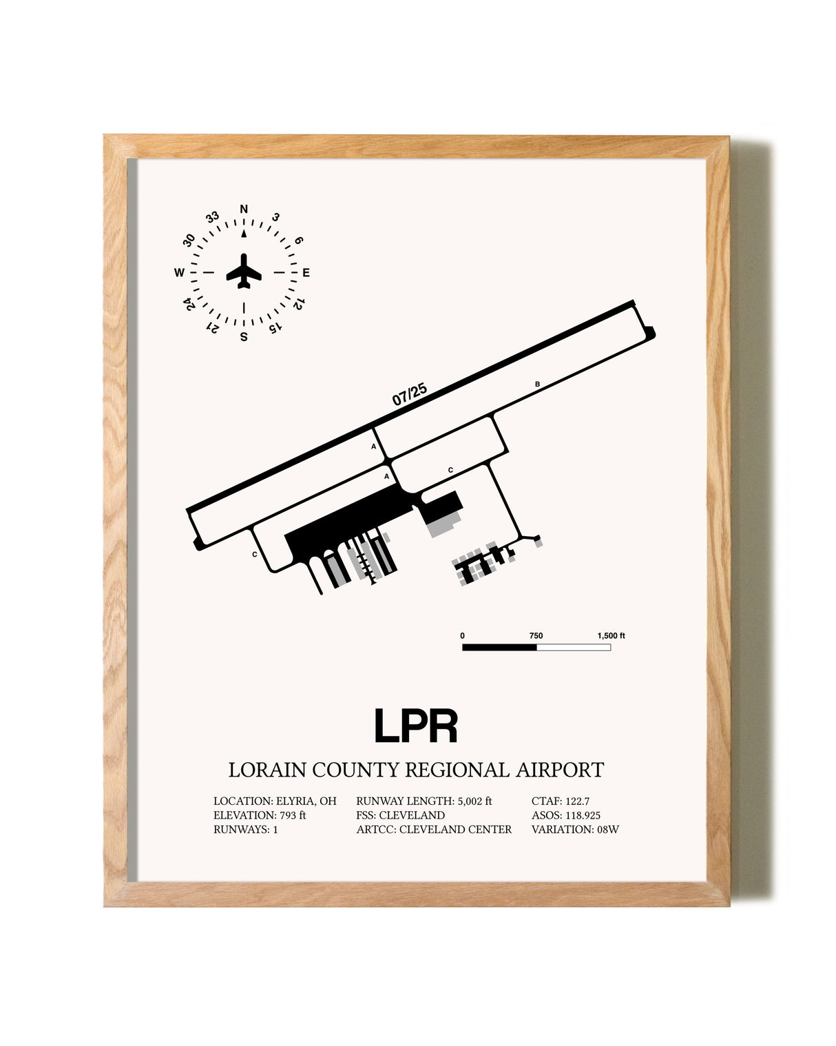 Lorain County Regional Airport framed print in natural wood frame