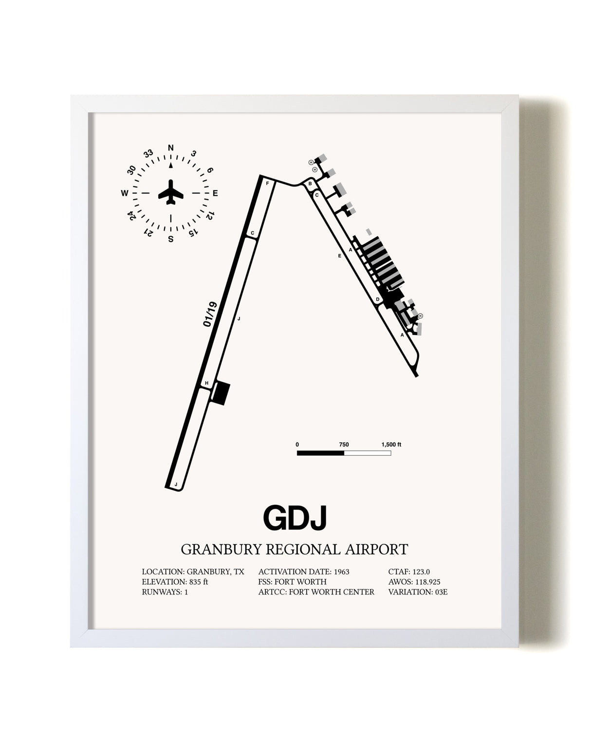 Granbury Regional Airport airport map poster in oak frame
