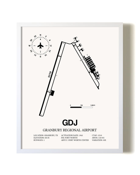 Granbury Regional Airport airport map poster in oak frame