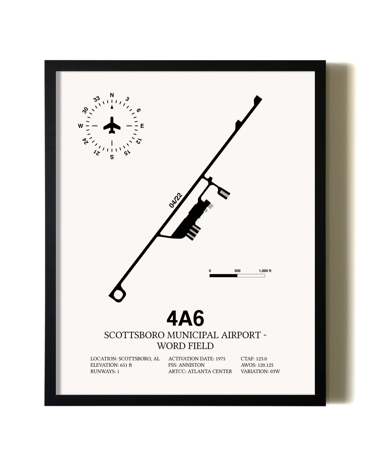 Framed Scottsboro Municipal Airport - Word Field wall art poster in black frame