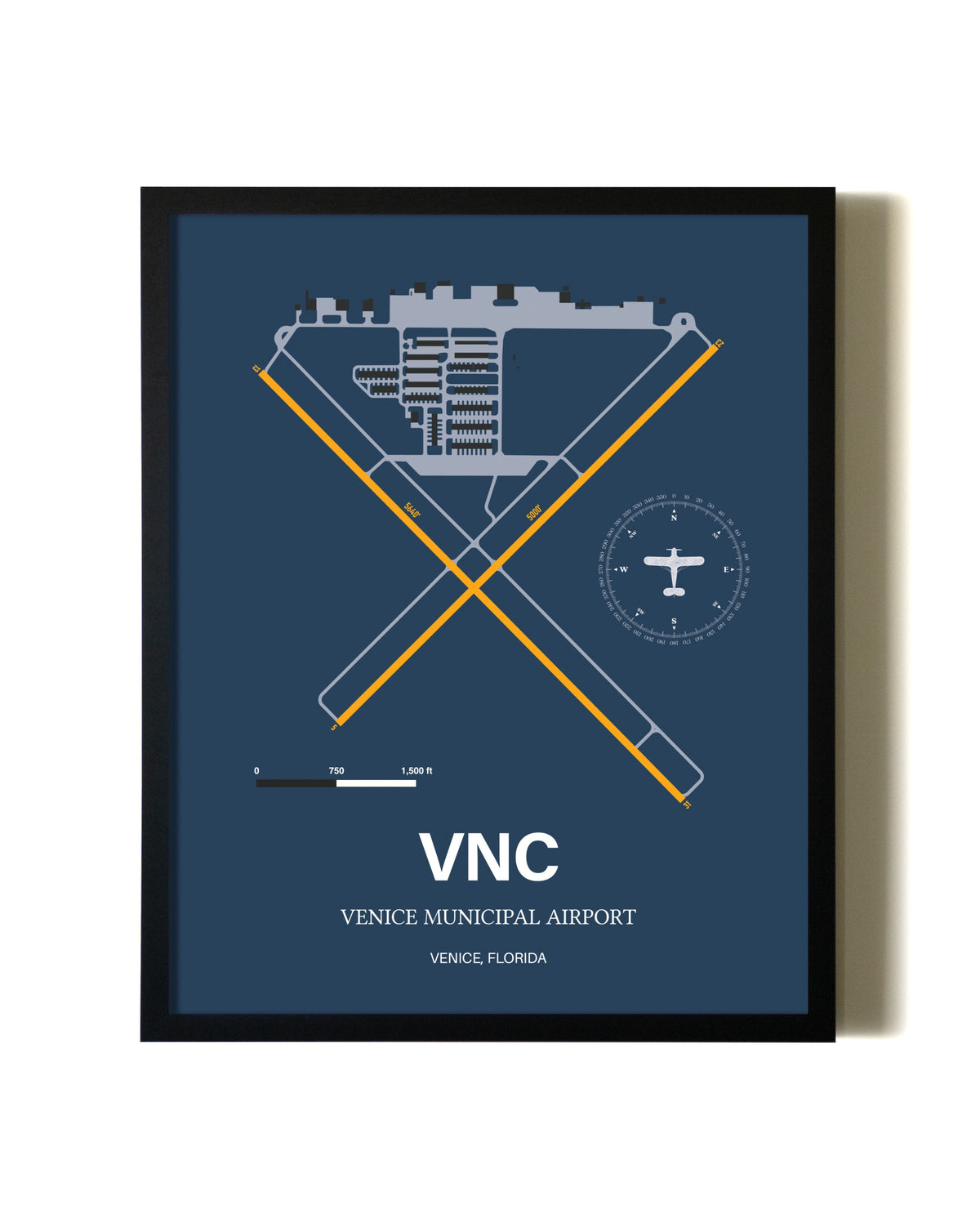 Framed Venice Municipal Airport wall art poster in black frame