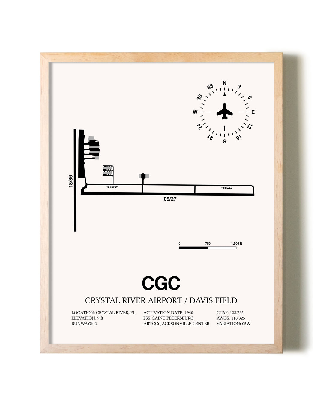 Crystal River Airport / Davis Field framed wall art in white frame