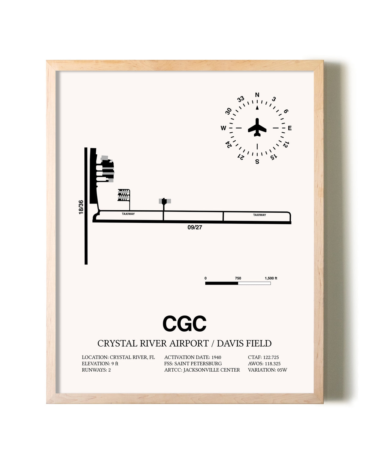 Crystal River Airport / Davis Field framed wall art in white frame