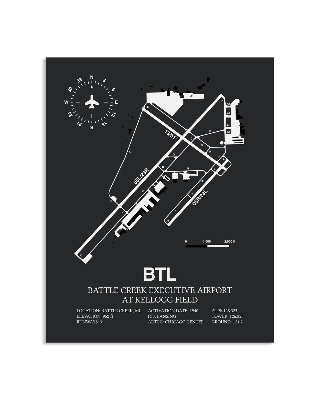 Gray Framed Battle Creek Executive Airport At Kellogg Field layout wall art poster