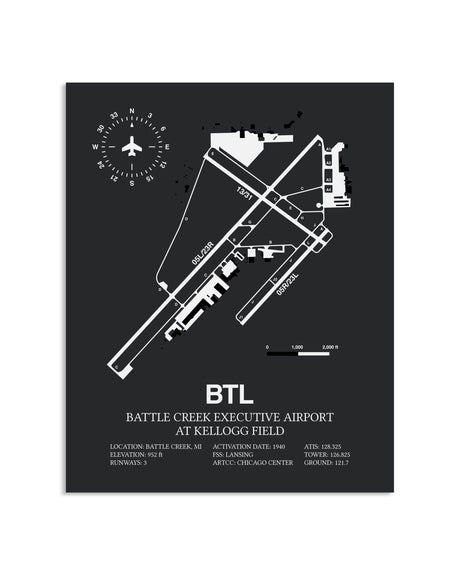Gray Framed Battle Creek Executive Airport At Kellogg Field layout wall art poster