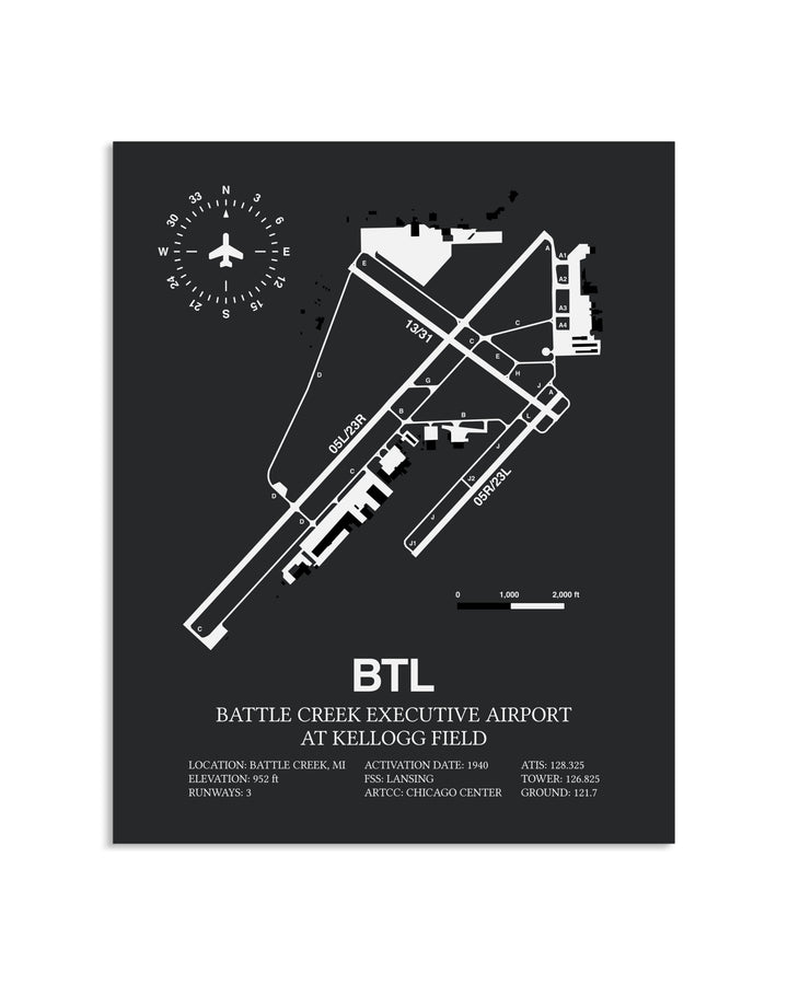 Gray Framed Battle Creek Executive Airport At Kellogg Field layout wall art poster